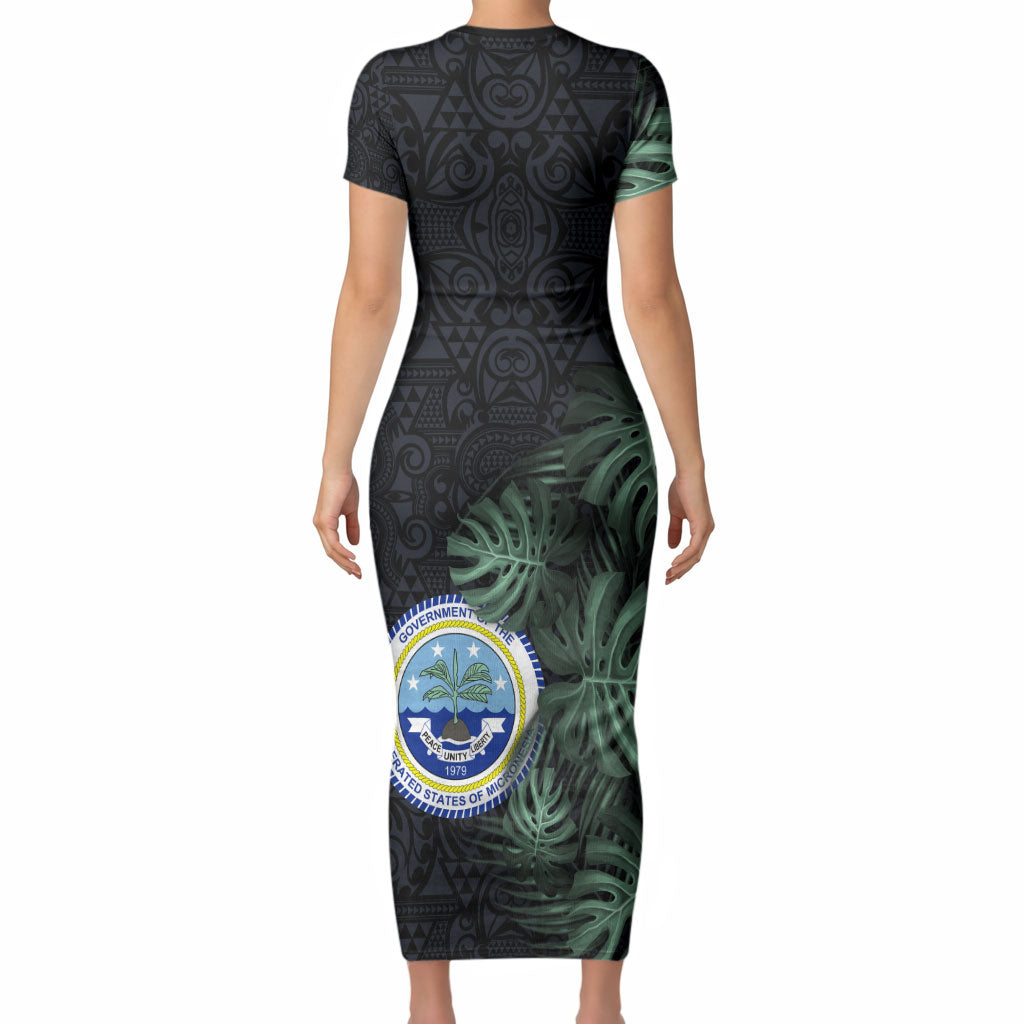 Federated States Of Micronesia Short Sleeve Bodycon Dress FSM Tropical Monstera Leaf Dark Tribal Pattern