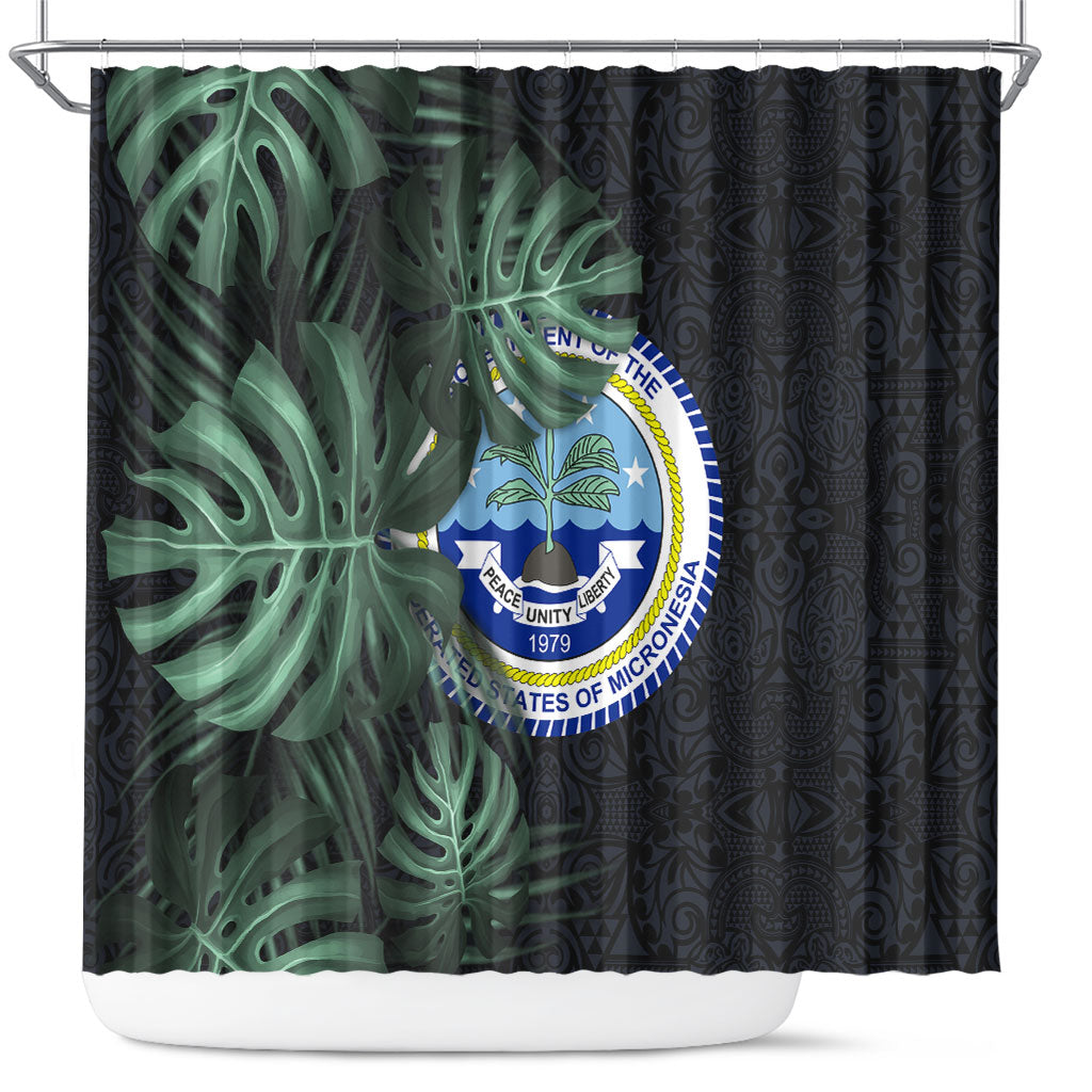 Federated States Of Micronesia Shower Curtain FSM Tropical Monstera Leaf Dark Tribal Pattern