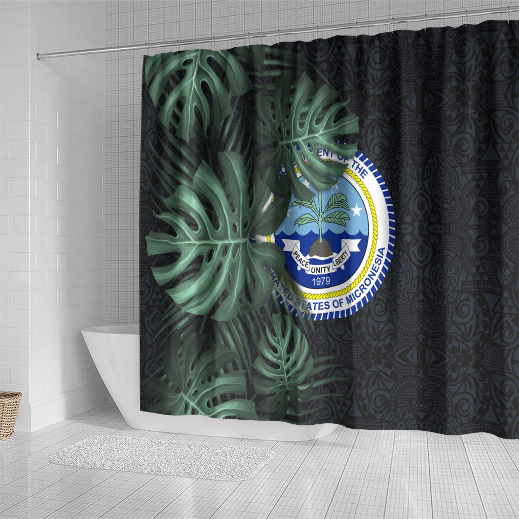 Federated States Of Micronesia Shower Curtain FSM Tropical Monstera Leaf Dark Tribal Pattern