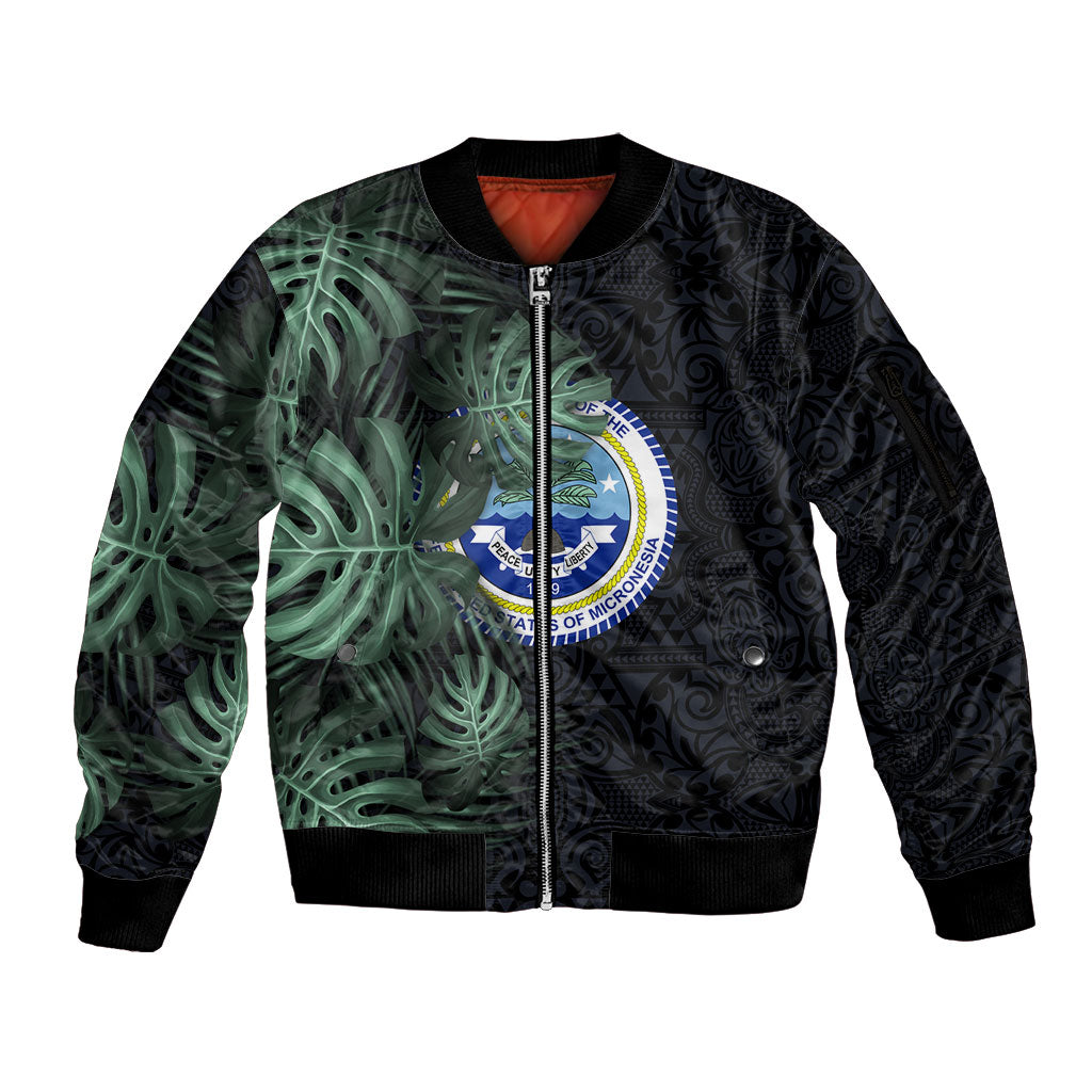 Federated States Of Micronesia Sleeve Zip Bomber Jacket FSM Tropical Monstera Leaf Dark Tribal Pattern