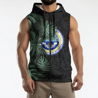Federated States Of Micronesia Sleeveless Zip Hoodie FSM Tropical Monstera Leaf Dark Tribal Pattern