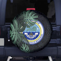 Federated States Of Micronesia Spare Tire Cover FSM Tropical Monstera Leaf Dark Tribal Pattern