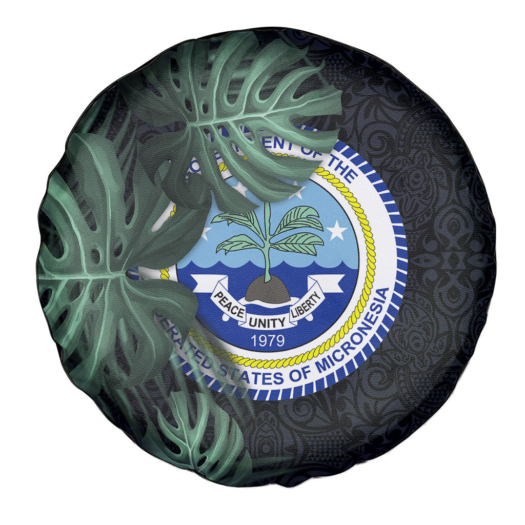 Federated States Of Micronesia Spare Tire Cover FSM Tropical Monstera Leaf Dark Tribal Pattern