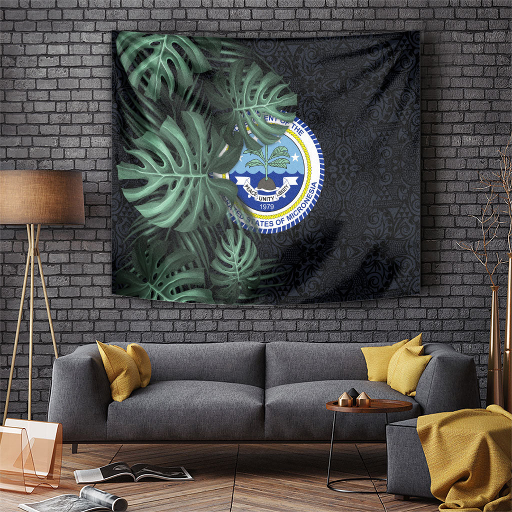 Federated States Of Micronesia Tapestry FSM Tropical Monstera Leaf Dark Tribal Pattern