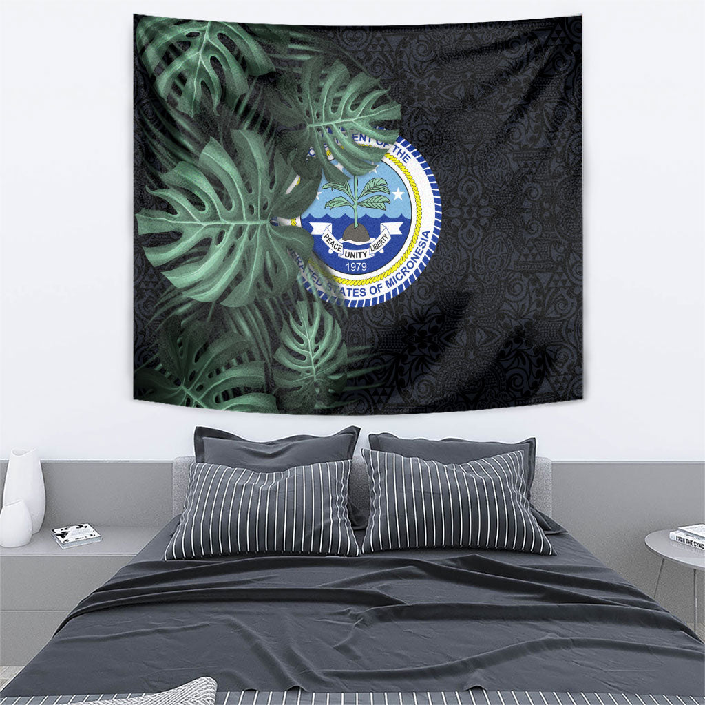 Federated States Of Micronesia Tapestry FSM Tropical Monstera Leaf Dark Tribal Pattern