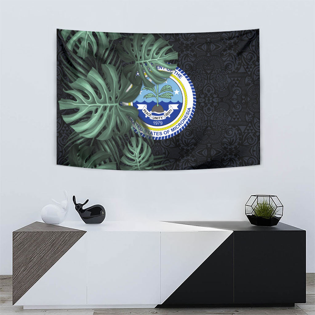 Federated States Of Micronesia Tapestry FSM Tropical Monstera Leaf Dark Tribal Pattern