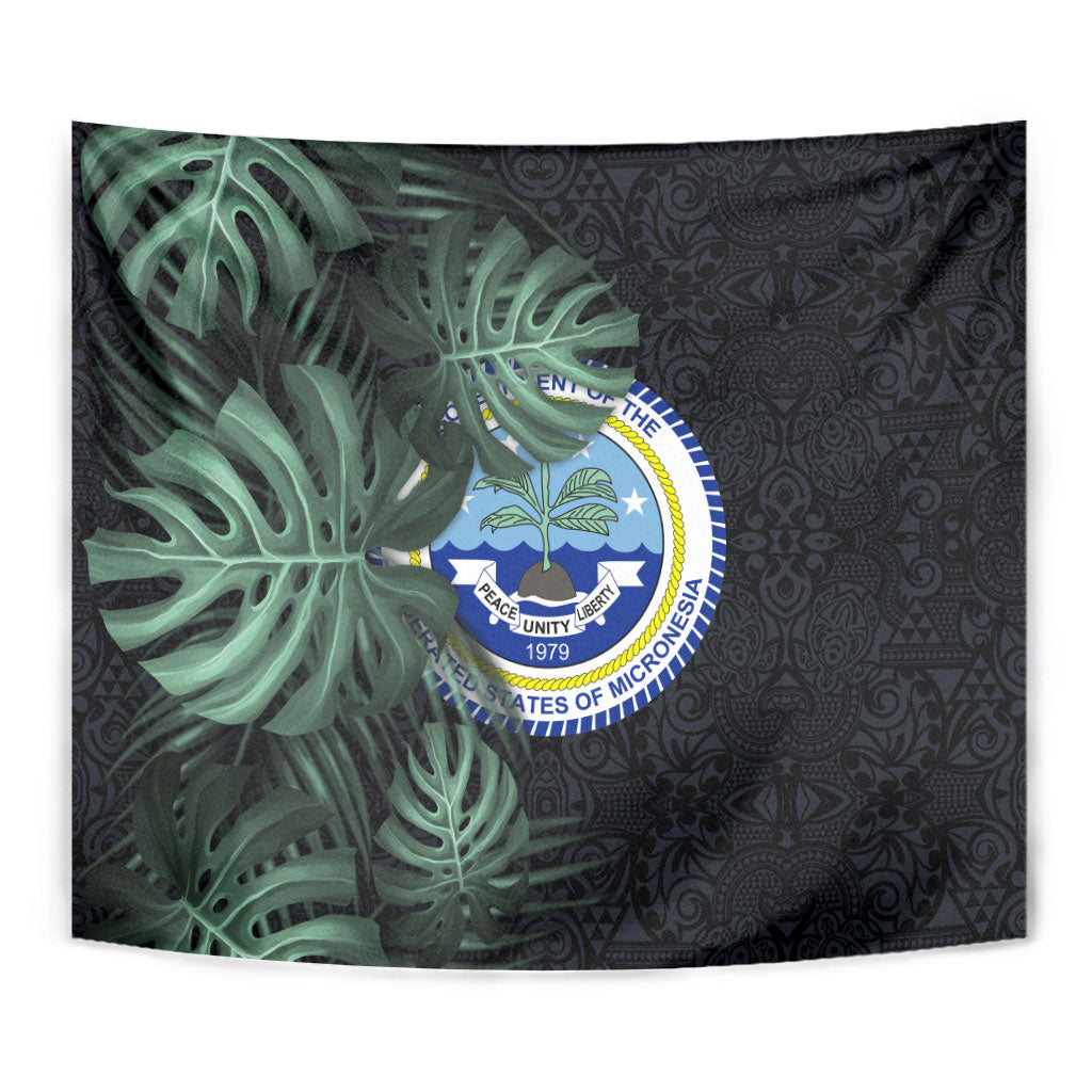 Federated States Of Micronesia Tapestry FSM Tropical Monstera Leaf Dark Tribal Pattern