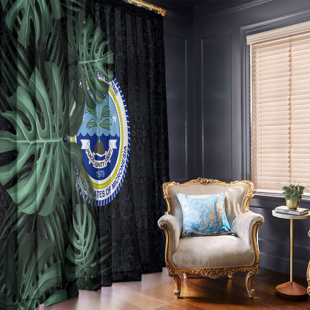 Federated States Of Micronesia Window Curtain FSM Tropical Monstera Leaf Dark Tribal Pattern