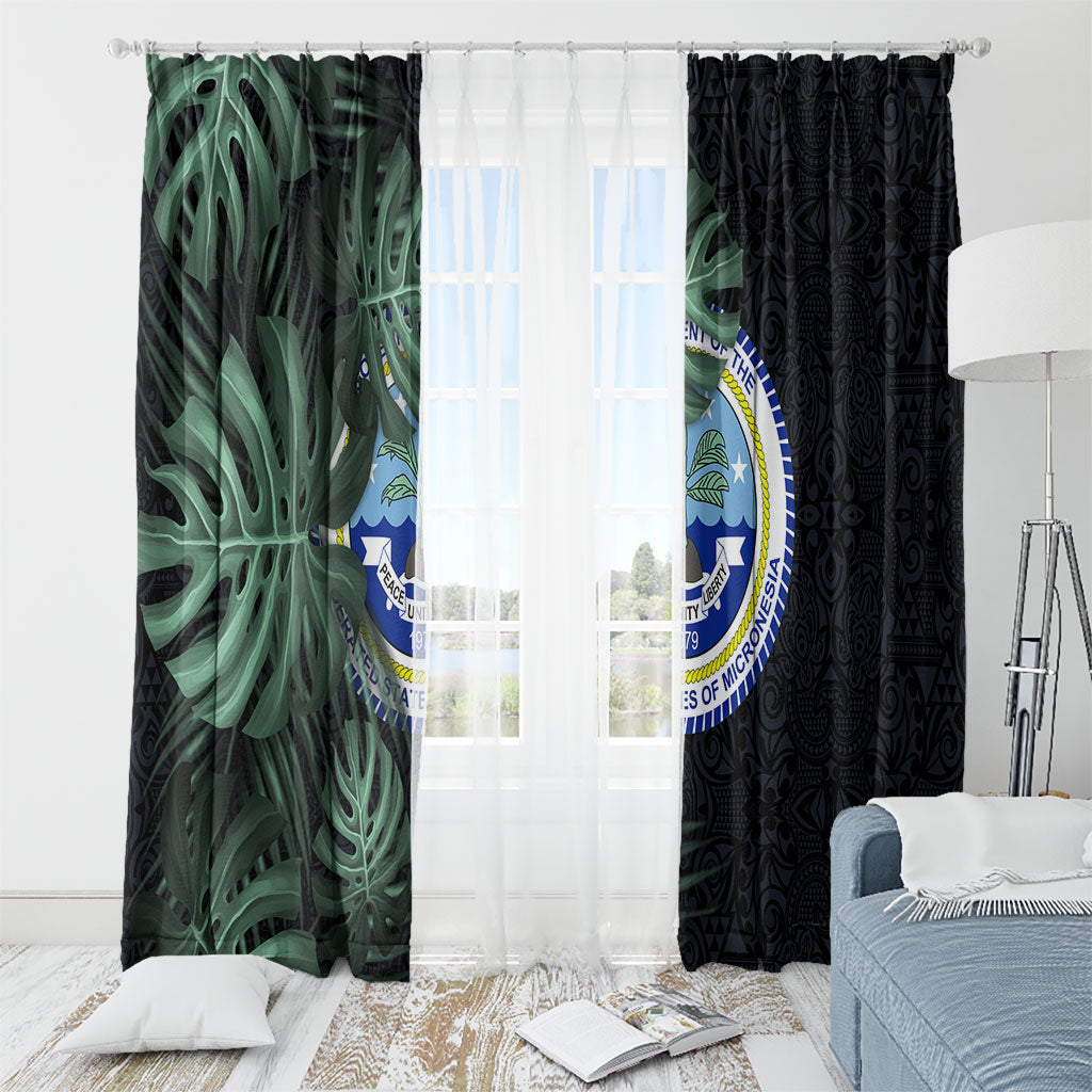 Federated States Of Micronesia Window Curtain FSM Tropical Monstera Leaf Dark Tribal Pattern