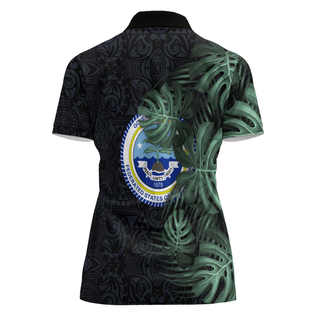 Federated States Of Micronesia Women Polo Shirt FSM Tropical Monstera Leaf Dark Tribal Pattern