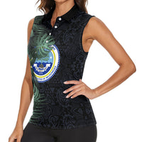 Federated States Of Micronesia Women Sleeveless Polo Shirt FSM Tropical Monstera Leaf Dark Tribal Pattern