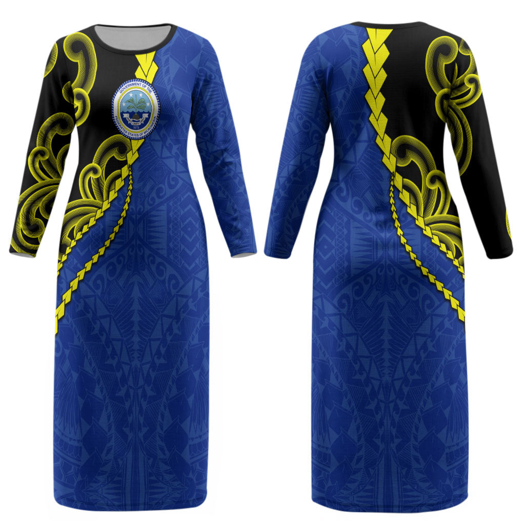 Federated States Of Micronesia FSM Couples Matching Long Sleeve Bodycon Dress and Hawaiian Shirt Pacific Islander Tribal Swirl Geometric Pattern