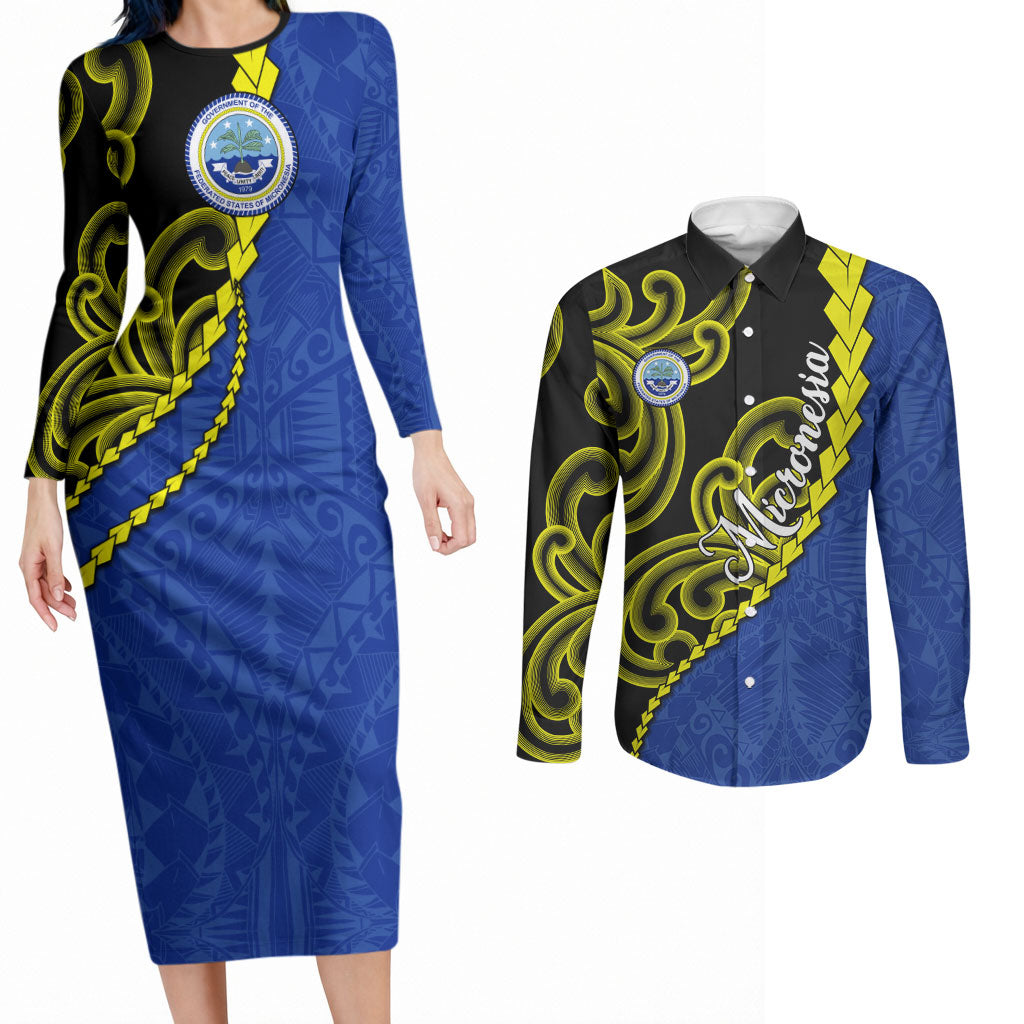 Federated States Of Micronesia FSM Couples Matching Long Sleeve Bodycon Dress and Long Sleeve Button Shirt Pacific Islander Tribal Swirl Geometric Pattern