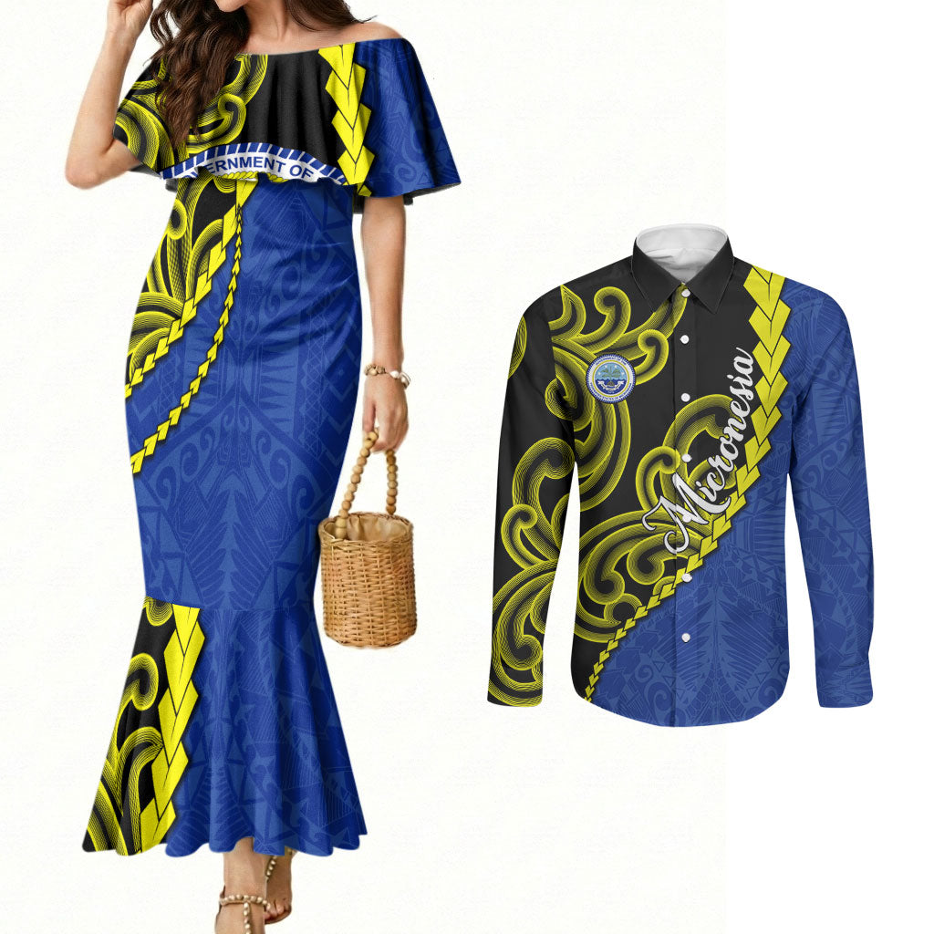 Federated States Of Micronesia FSM Couples Matching Mermaid Dress and Long Sleeve Button Shirt Pacific Islander Tribal Swirl Geometric Pattern TS04 Black Blue - Polynesian Pride