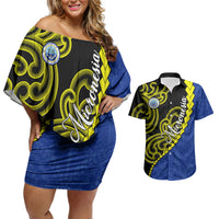 Federated States Of Micronesia FSM Couples Matching Off Shoulder Short Dress and Hawaiian Shirt Pacific Islander Tribal Swirl Geometric Pattern