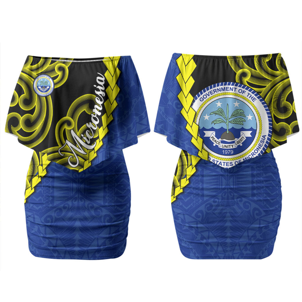 Federated States Of Micronesia FSM Couples Matching Off Shoulder Short Dress and Hawaiian Shirt Pacific Islander Tribal Swirl Geometric Pattern