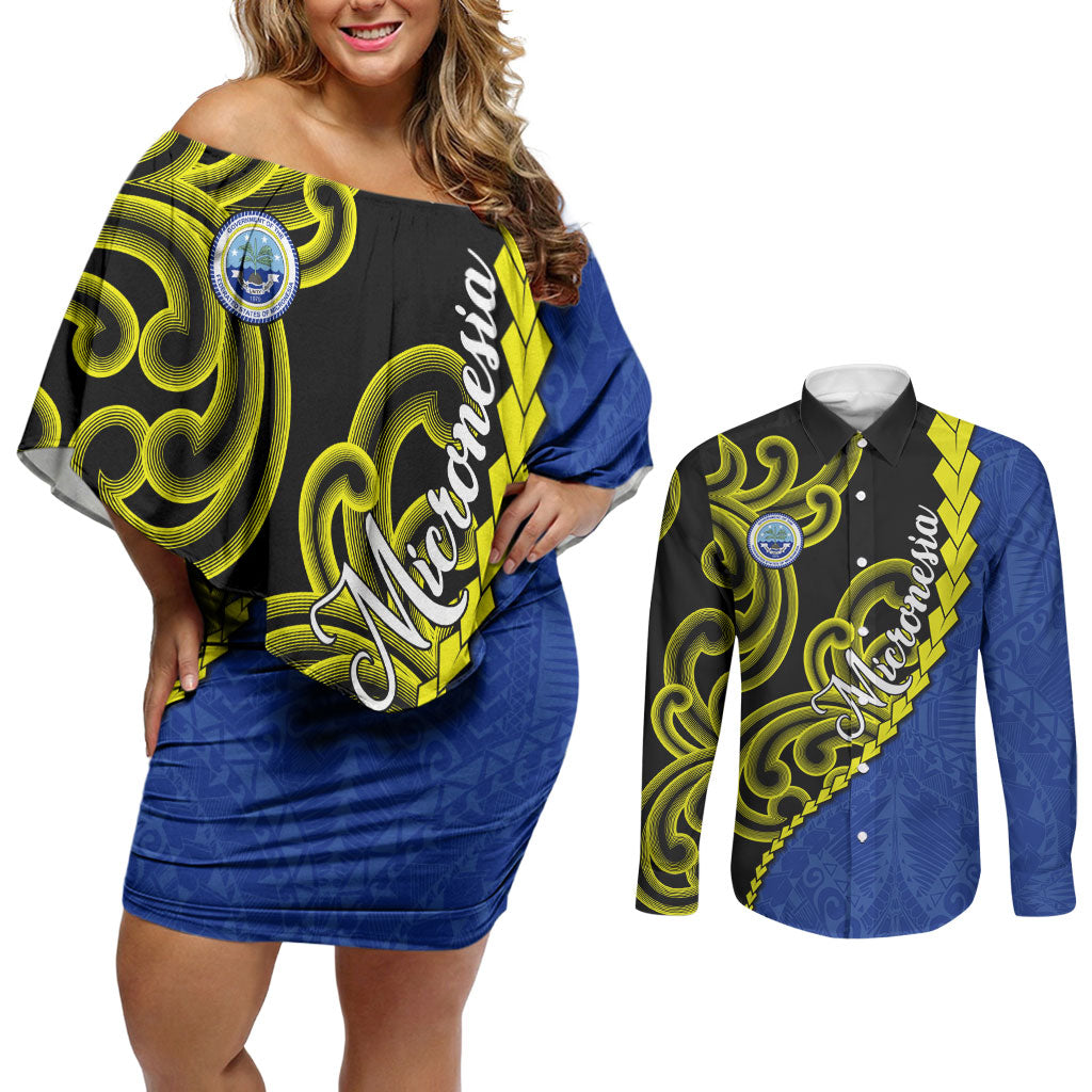 Federated States Of Micronesia FSM Couples Matching Off Shoulder Short Dress and Long Sleeve Button Shirt Pacific Islander Tribal Swirl Geometric Pattern