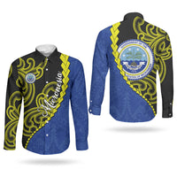 Federated States Of Micronesia FSM Couples Matching Off Shoulder Short Dress and Long Sleeve Button Shirt Pacific Islander Tribal Swirl Geometric Pattern