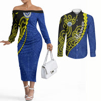 Federated States Of Micronesia FSM Couples Matching Off The Shoulder Long Sleeve Dress and Long Sleeve Button Shirt Pacific Islander Tribal Swirl Geometric Pattern