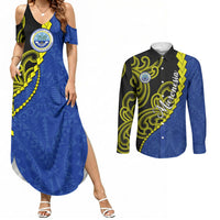 Federated States Of Micronesia FSM Couples Matching Summer Maxi Dress and Long Sleeve Button Shirt Pacific Islander Tribal Swirl Geometric Pattern