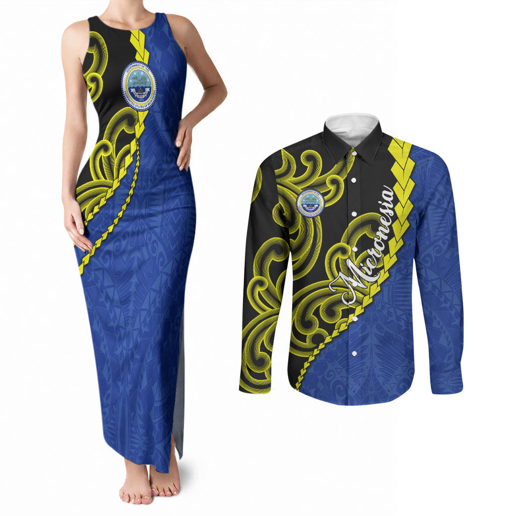 Federated States Of Micronesia FSM Couples Matching Tank Maxi Dress and Long Sleeve Button Shirt Pacific Islander Tribal Swirl Geometric Pattern