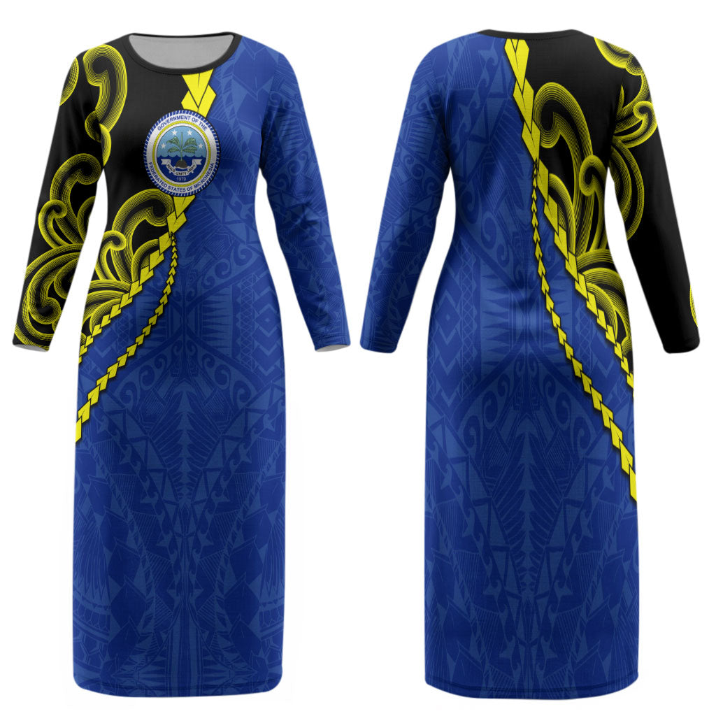 Federated States Of Micronesia FSM Family Matching Long Sleeve Bodycon Dress and Hawaiian Shirt Pacific Islander Tribal Swirl Geometric Pattern