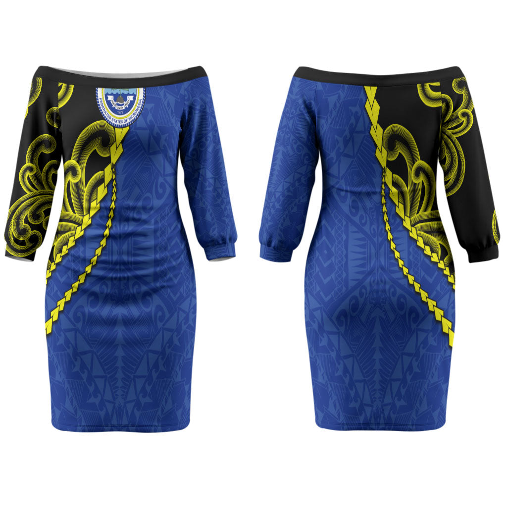 Federated States Of Micronesia FSM Family Matching Off The Shoulder Long Sleeve Dress and Hawaiian Shirt Pacific Islander Tribal Swirl Geometric Pattern