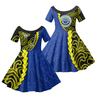 Federated States Of Micronesia FSM Family Matching Off The Shoulder Long Sleeve Dress and Hawaiian Shirt Pacific Islander Tribal Swirl Geometric Pattern