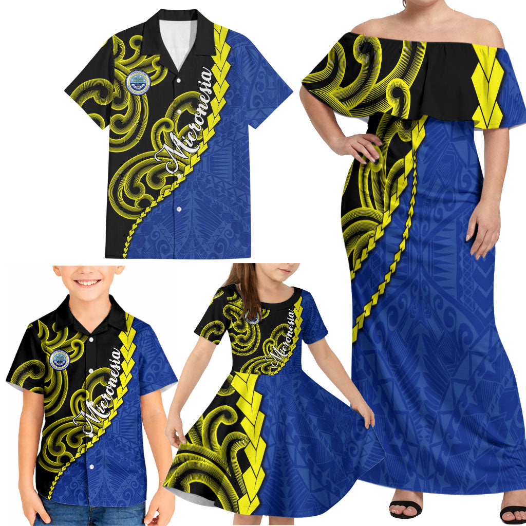 Federated States Of Micronesia FSM Family Matching Off Shoulder Maxi Dress and Hawaiian Shirt Pacific Islander Tribal Swirl Geometric Pattern