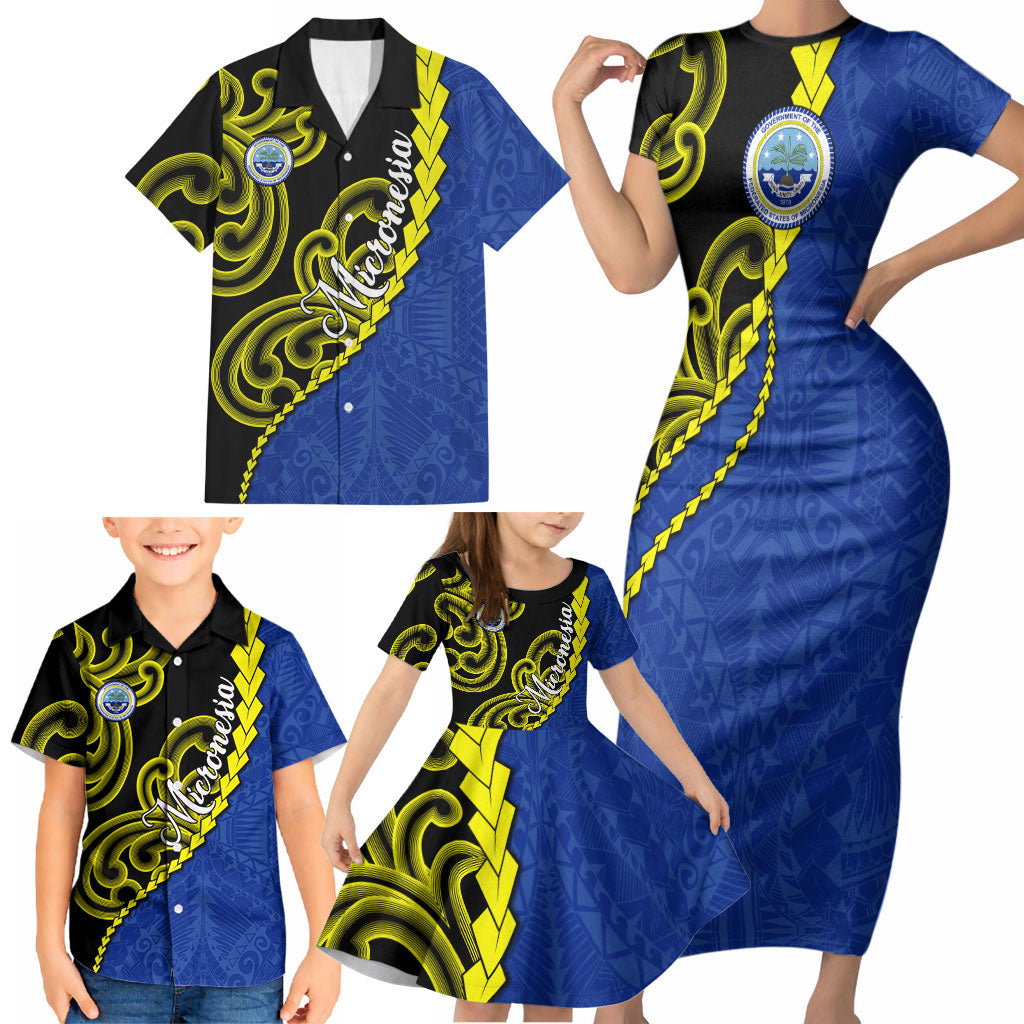 Federated States Of Micronesia FSM Family Matching Short Sleeve Bodycon Dress and Hawaiian Shirt Pacific Islander Tribal Swirl Geometric Pattern