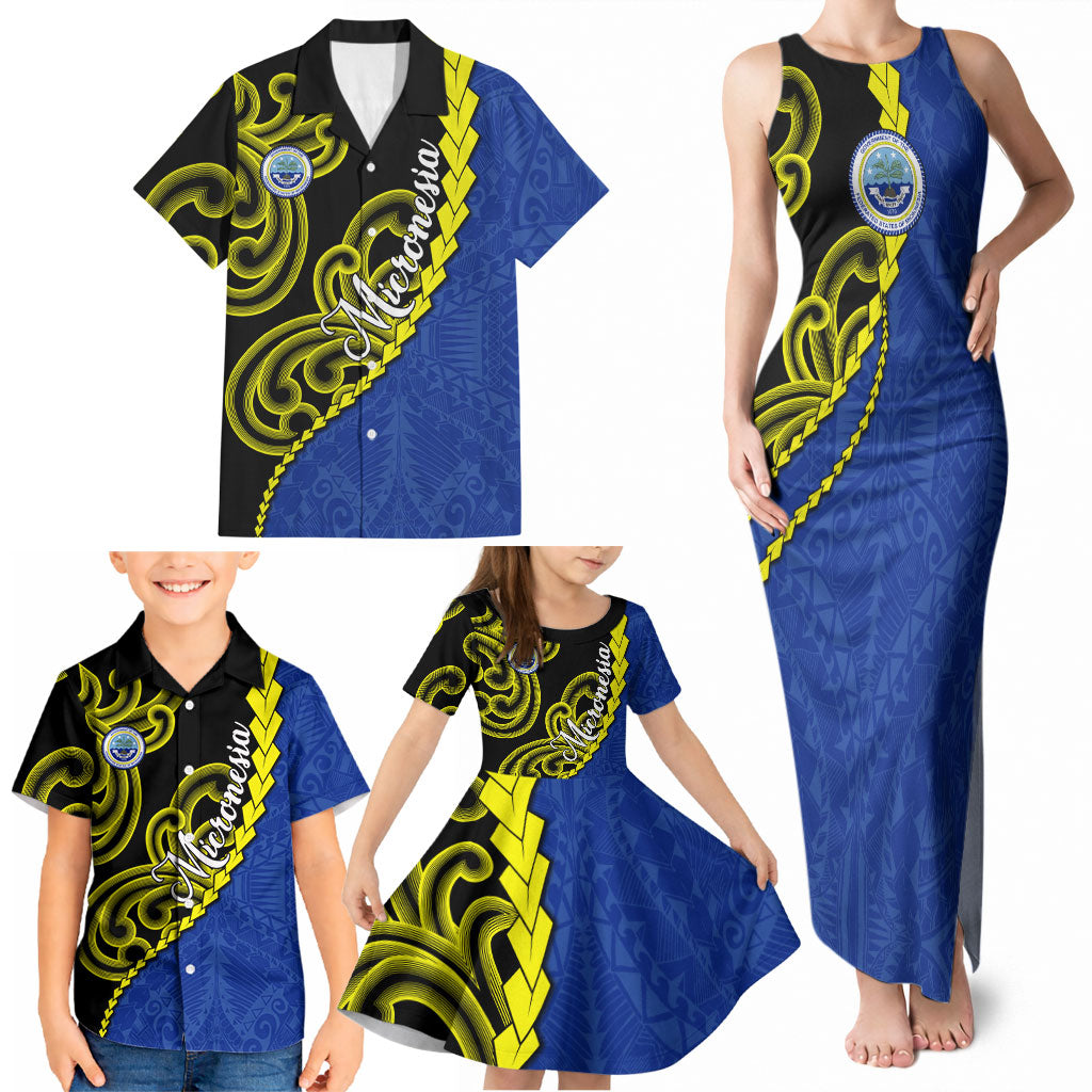 Federated States Of Micronesia FSM Family Matching Tank Maxi Dress and Hawaiian Shirt Pacific Islander Tribal Swirl Geometric Pattern