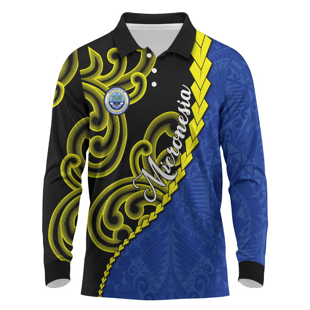 Federated States Of Micronesia FSM Long Sleeve Polo Shirt Pacific Islander Tribal Swirl Geometric Pattern