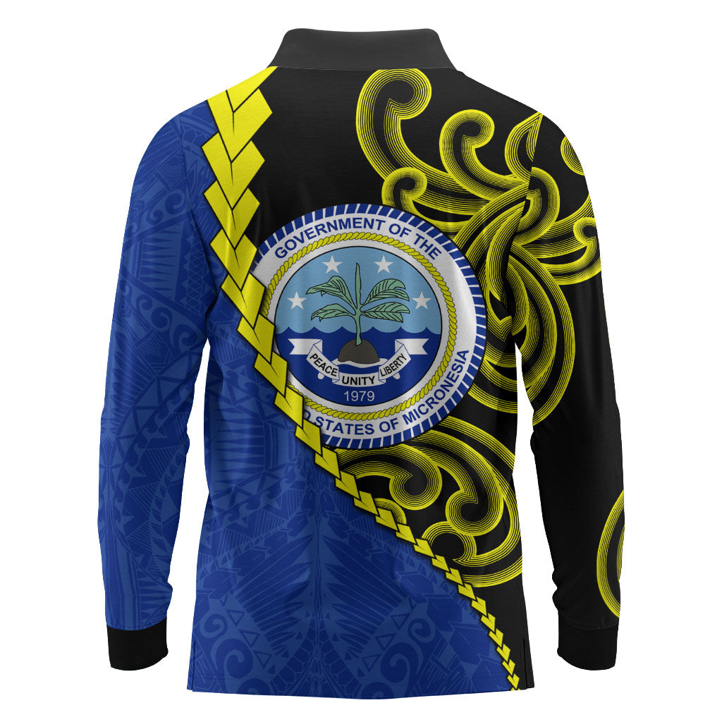 Federated States Of Micronesia FSM Long Sleeve Polo Shirt Pacific Islander Tribal Swirl Geometric Pattern