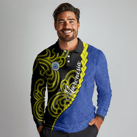Federated States Of Micronesia FSM Long Sleeve Polo Shirt Pacific Islander Tribal Swirl Geometric Pattern