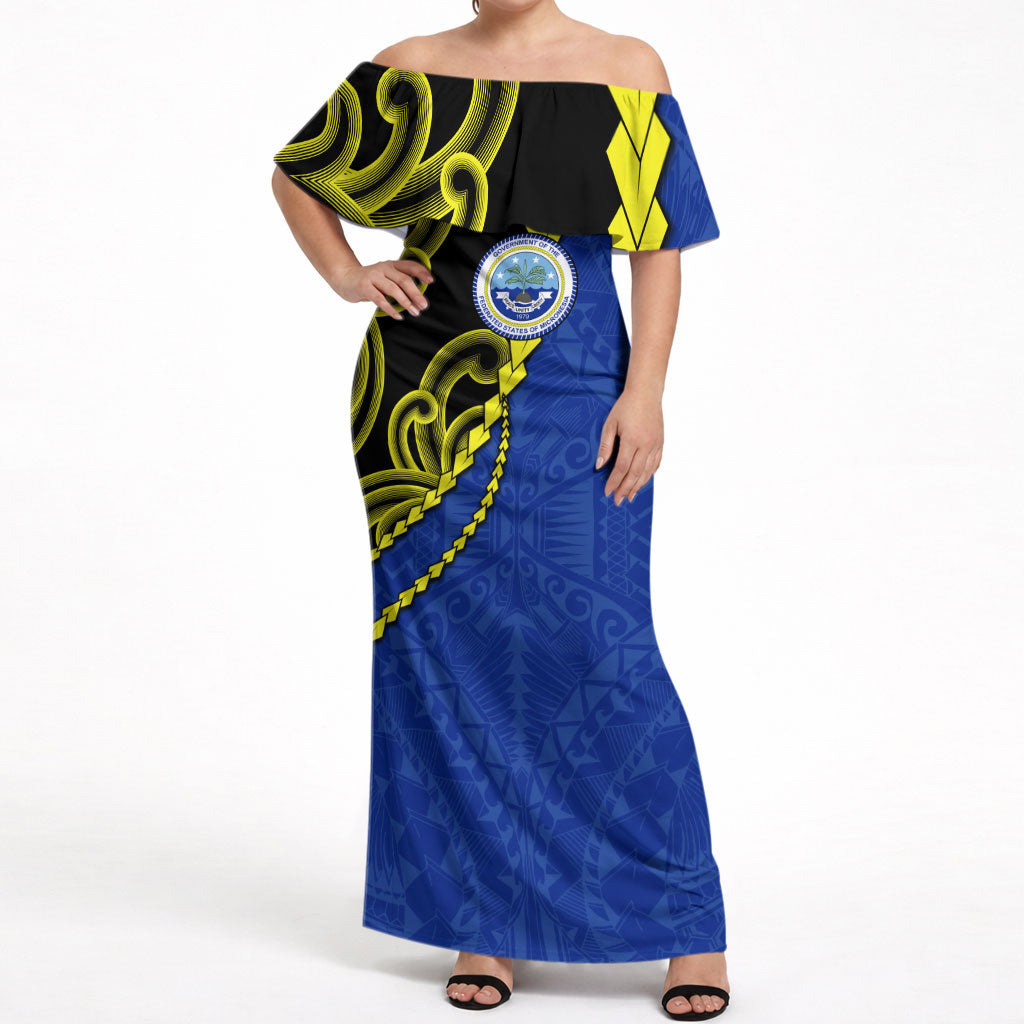 Federated States Of Micronesia FSM Off Shoulder Maxi Dress Pacific Islander Tribal Swirl Geometric Pattern