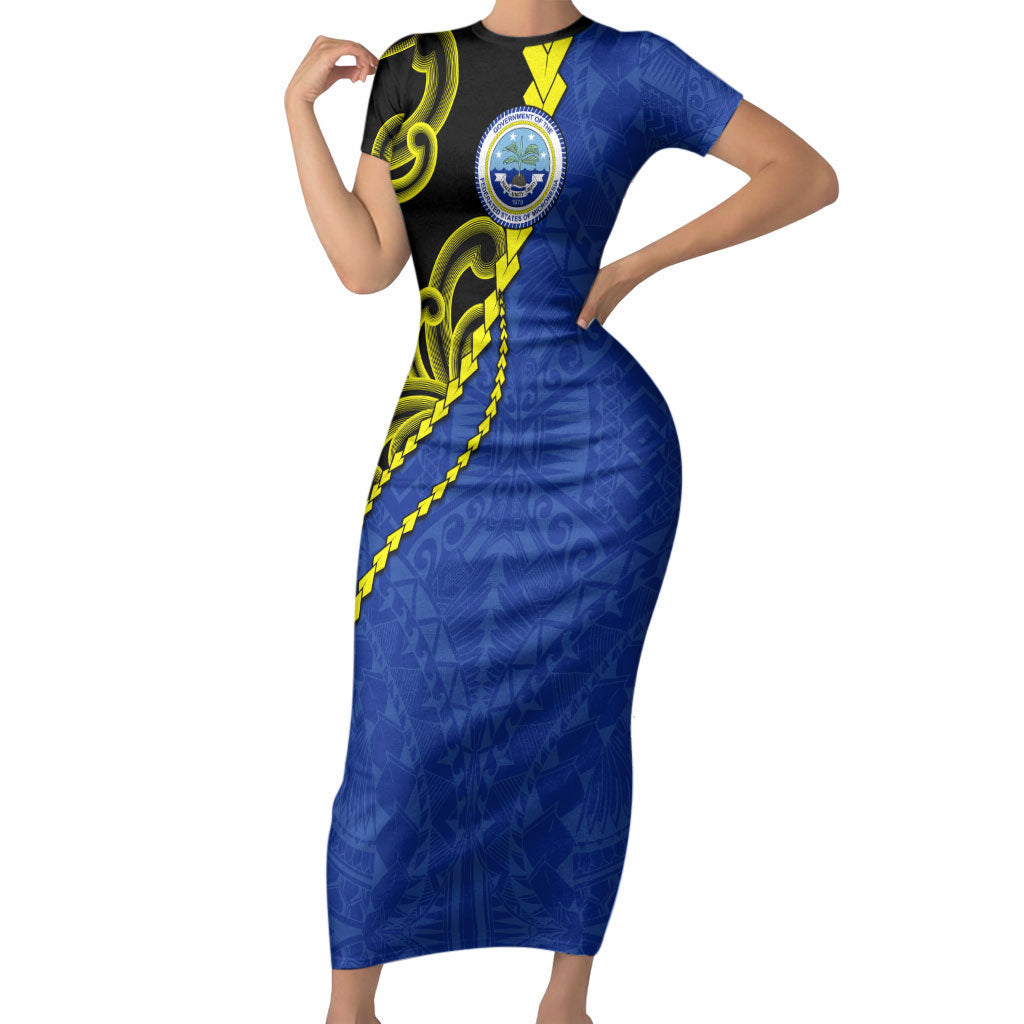 Federated States Of Micronesia FSM Short Sleeve Bodycon Dress Pacific Islander Tribal Swirl Geometric Pattern