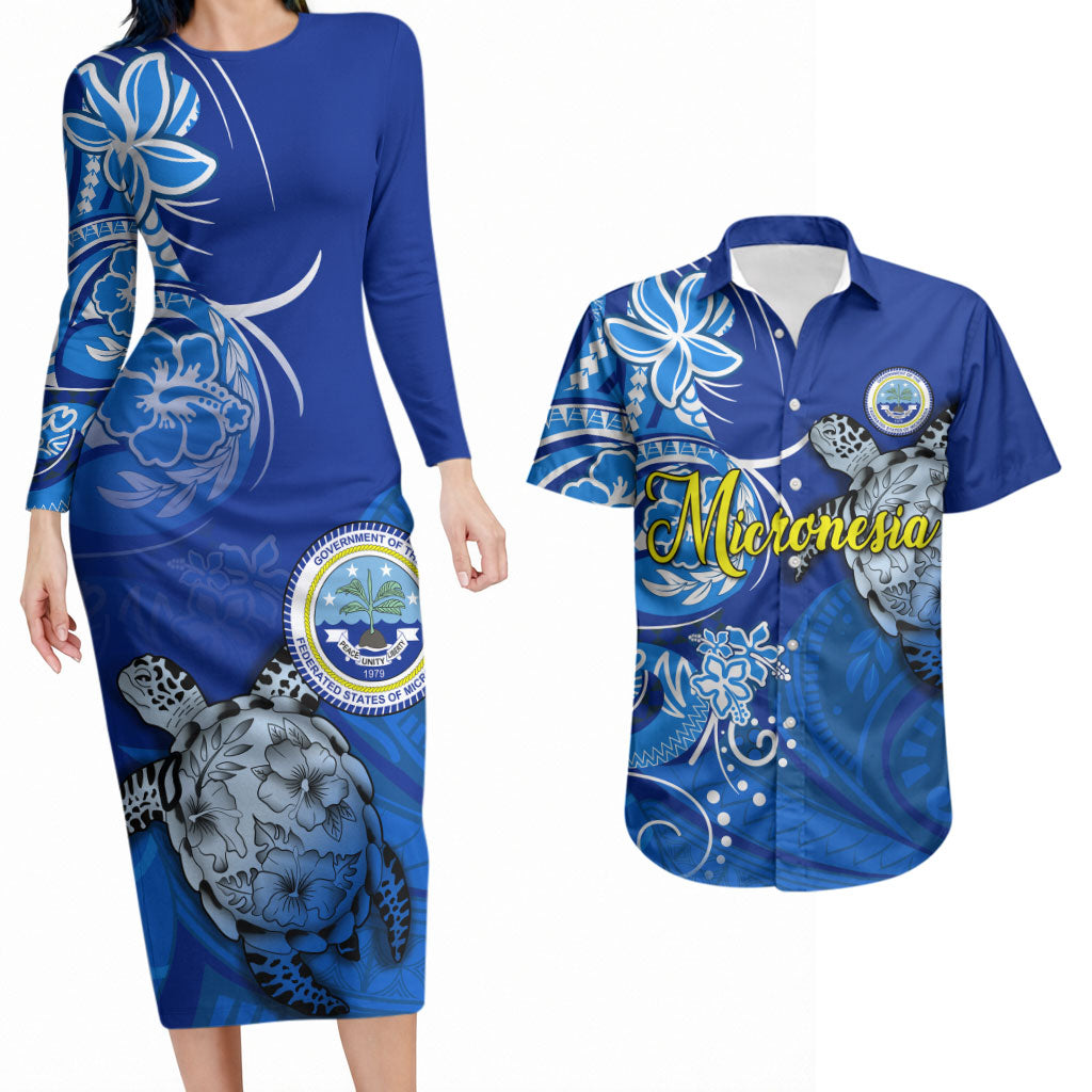 Micronesia Sea Turtle Couples Matching Long Sleeve Bodycon Dress and Hawaiian Shirt Federated States Of Micronesia Tribal Floral Pattern