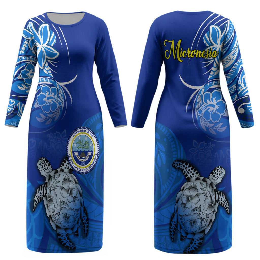 Micronesia Sea Turtle Couples Matching Long Sleeve Bodycon Dress and Hawaiian Shirt Federated States Of Micronesia Tribal Floral Pattern