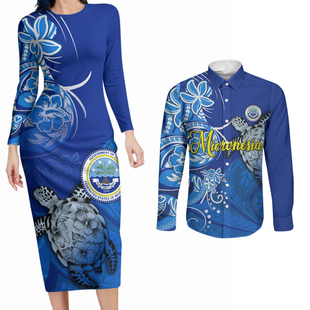Micronesia Sea Turtle Couples Matching Long Sleeve Bodycon Dress and Long Sleeve Button Shirt Federated States Of Micronesia Tribal Floral Pattern
