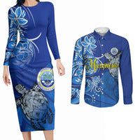 Micronesia Sea Turtle Couples Matching Long Sleeve Bodycon Dress and Long Sleeve Button Shirt Federated States Of Micronesia Tribal Floral Pattern