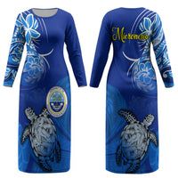 Micronesia Sea Turtle Couples Matching Long Sleeve Bodycon Dress and Long Sleeve Button Shirt Federated States Of Micronesia Tribal Floral Pattern