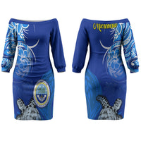 Micronesia Sea Turtle Couples Matching Off The Shoulder Long Sleeve Dress and Long Sleeve Button Shirt Federated States Of Micronesia Tribal Floral Pattern