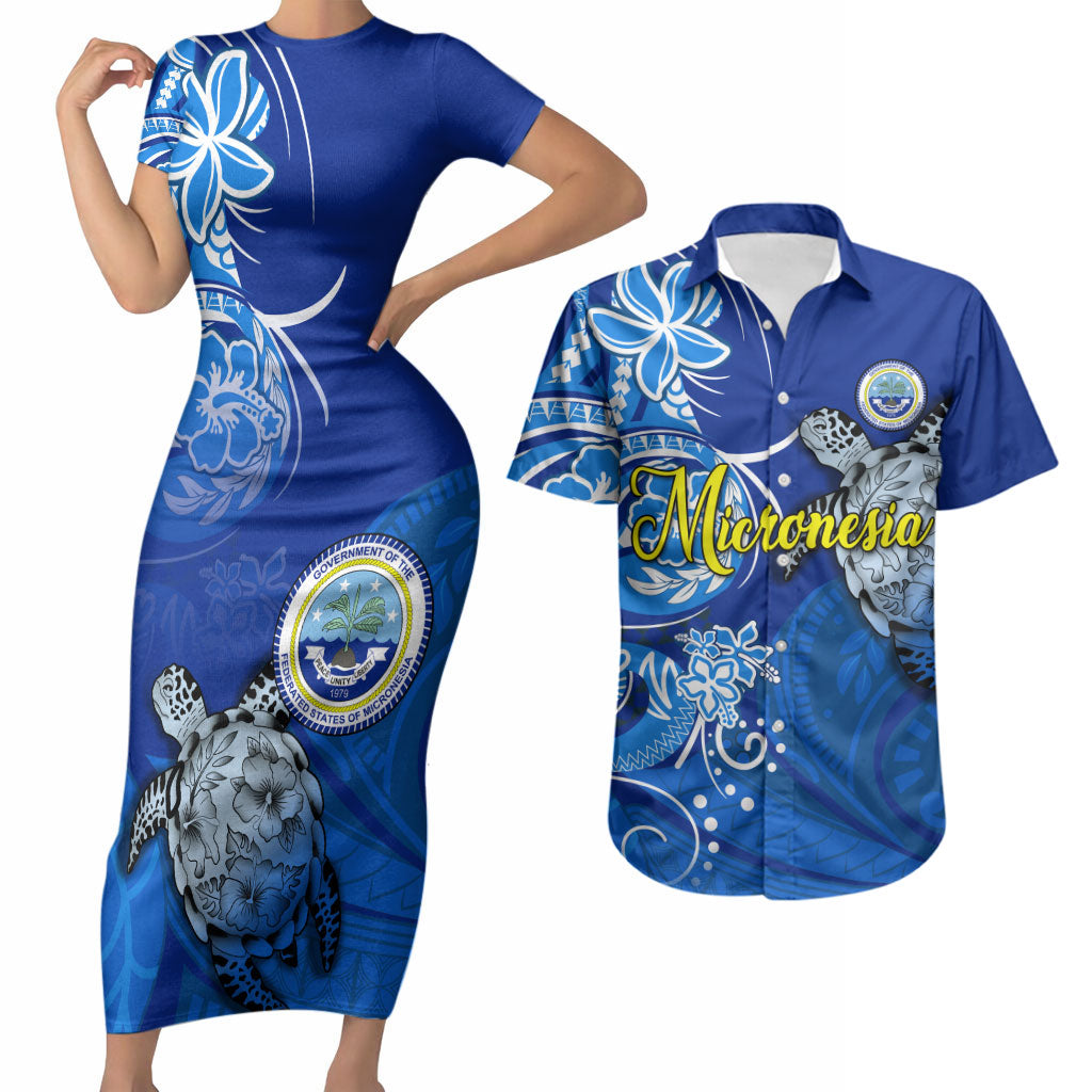 Micronesia Sea Turtle Couples Matching Short Sleeve Bodycon Dress and Hawaiian Shirt Federated States Of Micronesia Tribal Floral Pattern TS04 Blue White - Polynesian Pride