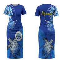 Micronesia Sea Turtle Couples Matching Short Sleeve Bodycon Dress and Hawaiian Shirt Federated States Of Micronesia Tribal Floral Pattern