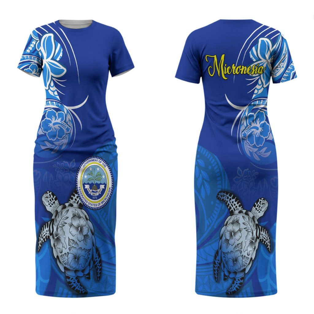 Micronesia Sea Turtle Couples Matching Short Sleeve Bodycon Dress and Long Sleeve Button Shirt Federated States Of Micronesia Tribal Floral Pattern