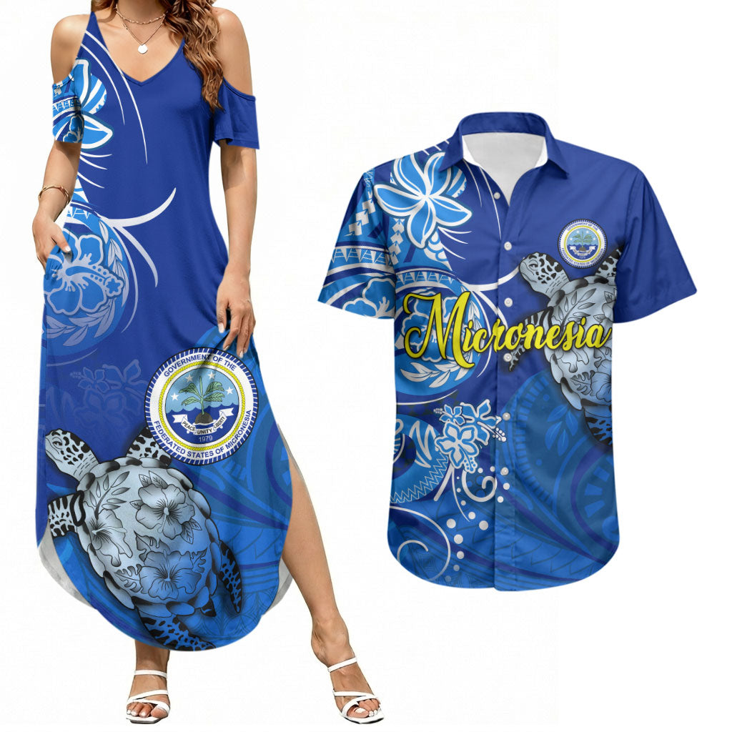 Micronesia Sea Turtle Couples Matching Summer Maxi Dress and Hawaiian Shirt Federated States Of Micronesia Tribal Floral Pattern