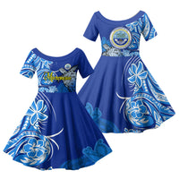 Micronesia Sea Turtle Family Matching Off The Shoulder Long Sleeve Dress and Hawaiian Shirt Federated States Of Micronesia Tribal Floral Pattern