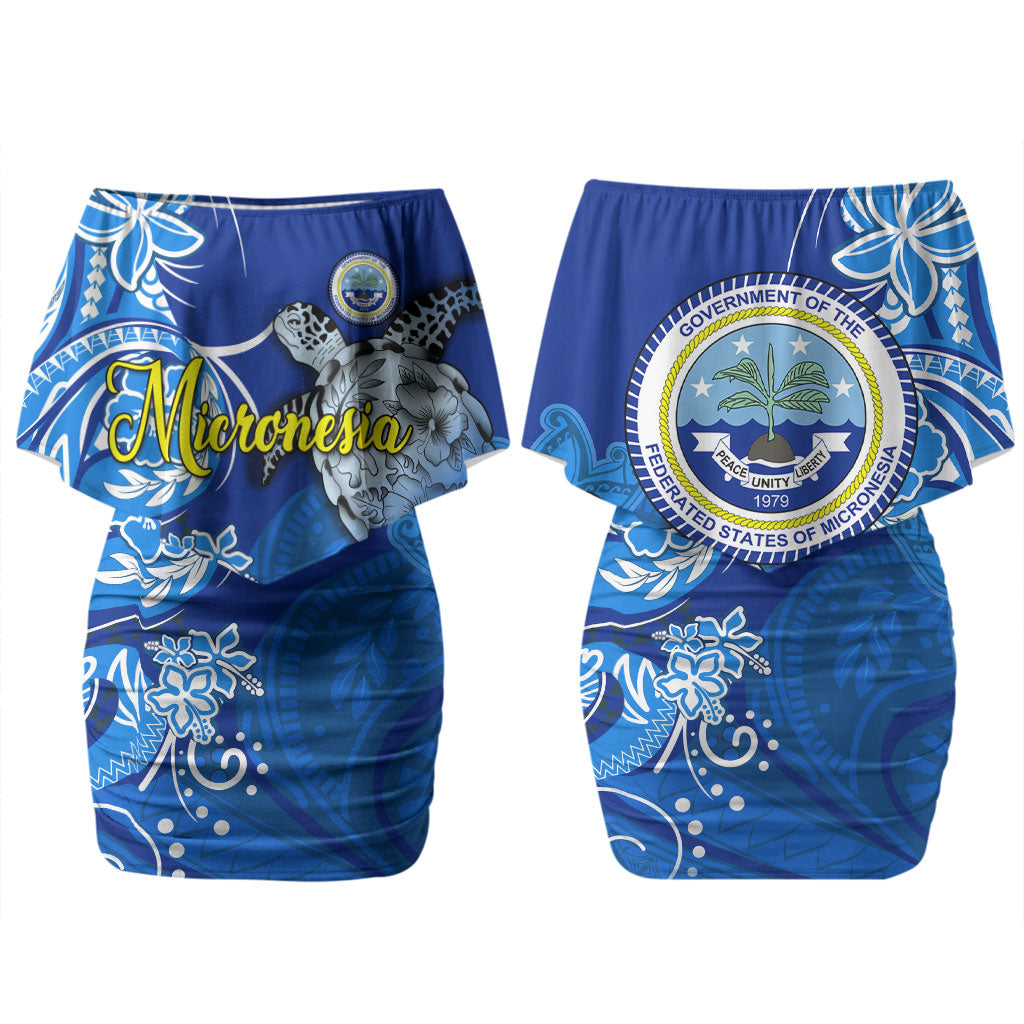 Micronesia Sea Turtle Family Matching Off Shoulder Short Dress and Hawaiian Shirt Federated States Of Micronesia Tribal Floral Pattern