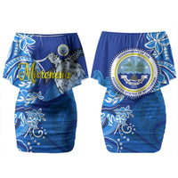 Micronesia Sea Turtle Family Matching Off Shoulder Short Dress and Hawaiian Shirt Federated States Of Micronesia Tribal Floral Pattern