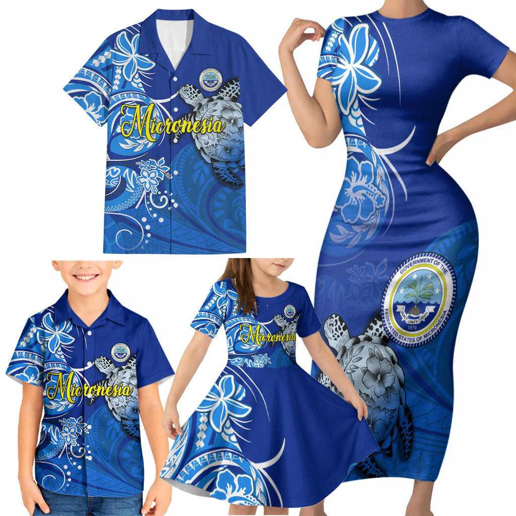 Micronesia Sea Turtle Family Matching Short Sleeve Bodycon Dress and Hawaiian Shirt Federated States Of Micronesia Tribal Floral Pattern TS04 - Polynesian Pride